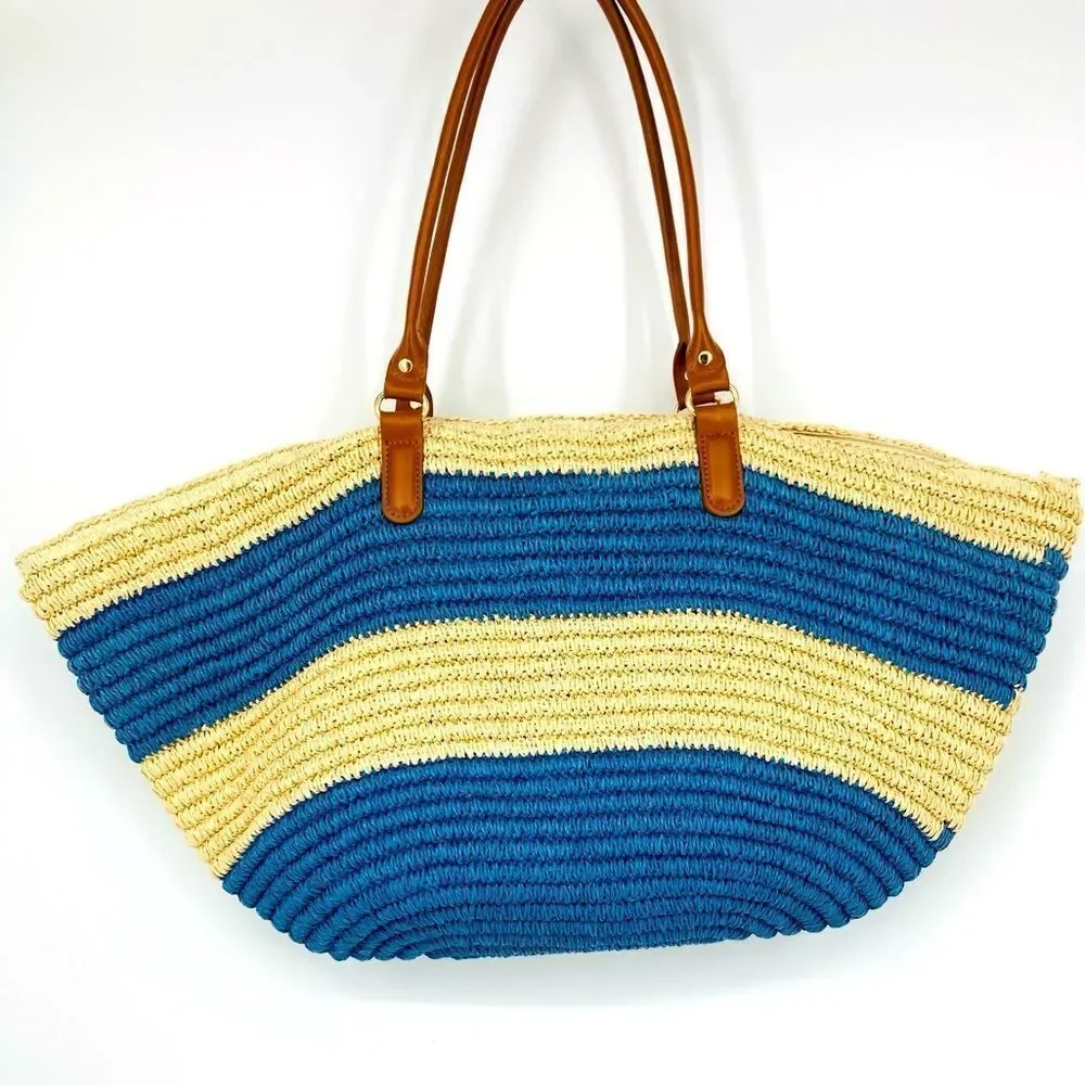 NWT Tommy Bahama Handwoven Crochet Striped Large Tote Bag